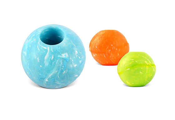 ZoomieRex IncrediBall dog toys in blue, green, and orange on white background