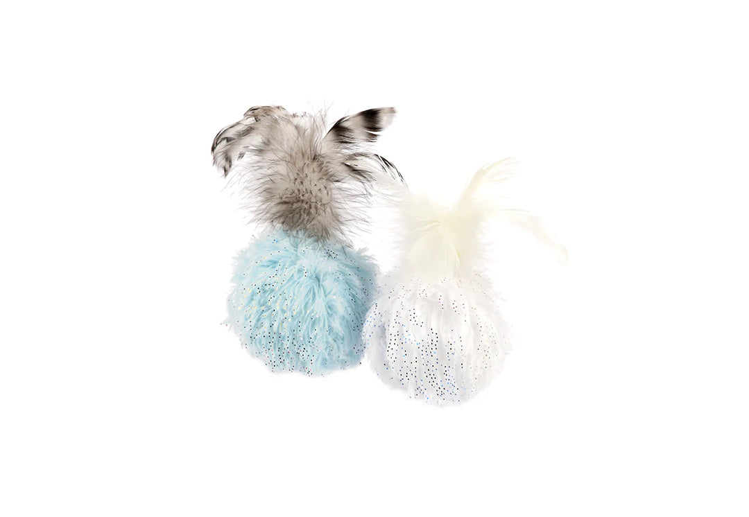 Feline Frenzy Balls of Furry cat toy set – 2 plush toy balls with feathers and catnip