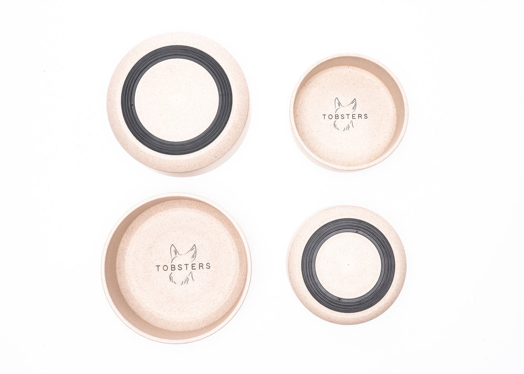 Evergreen beige bamboo pet bowls in two sizes, top and bottom view on white background