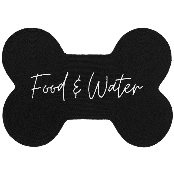 Black Benedict Pet Placemat with dimensions displayed – organic cotton bone-shaped feeding mat