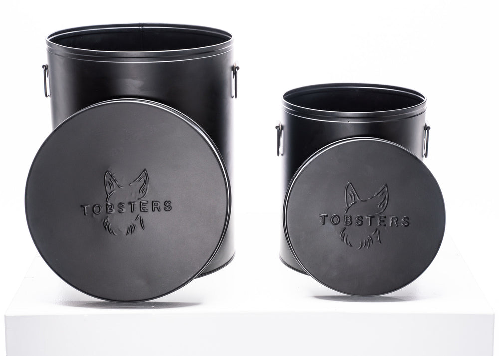 Black Steel Food and Treat Bins in large and small sizes – durable pet food storage containers