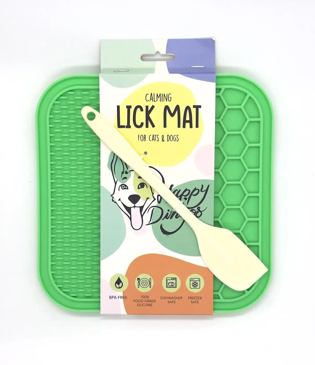 Forrest green Calming Lick Mat for pets with retail packaging, BPA-free silicone enrichment mat shown on white background.