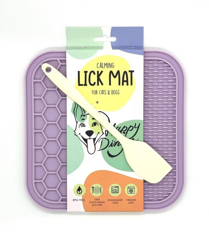 Lavender purple Calming Lick Mat for pets with retail packaging, BPA-free silicone enrichment mat shown on white background.