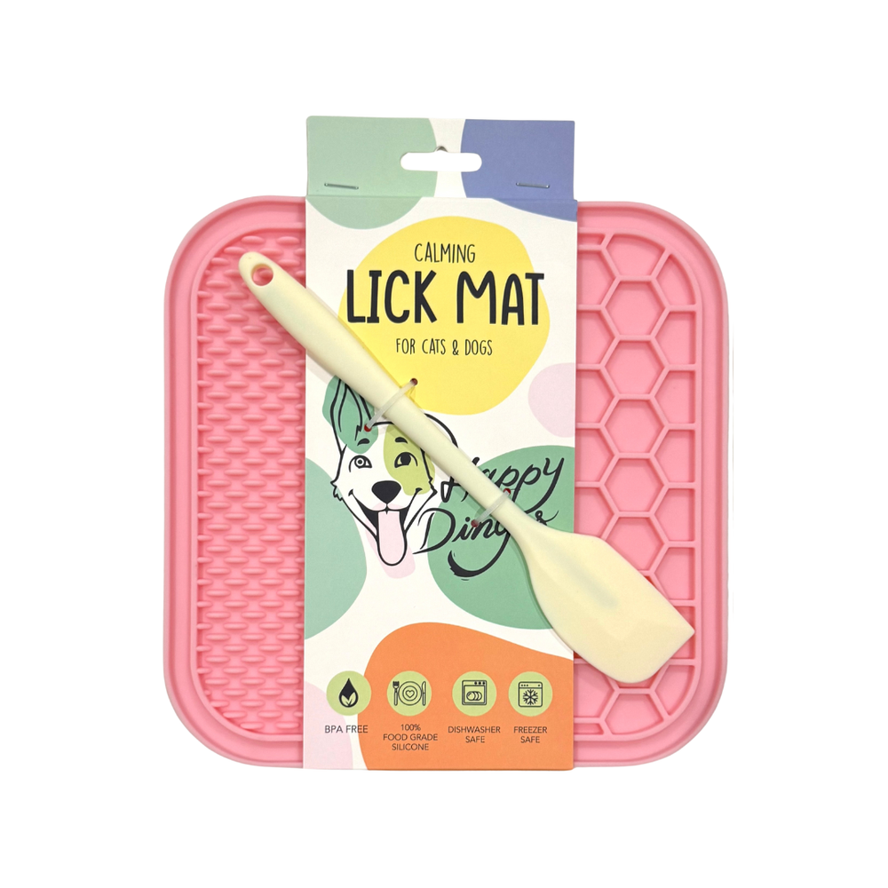 Rose pink Calming Lick Mat for pets with retail packaging, BPA-free silicone enrichment mat shown on white background.