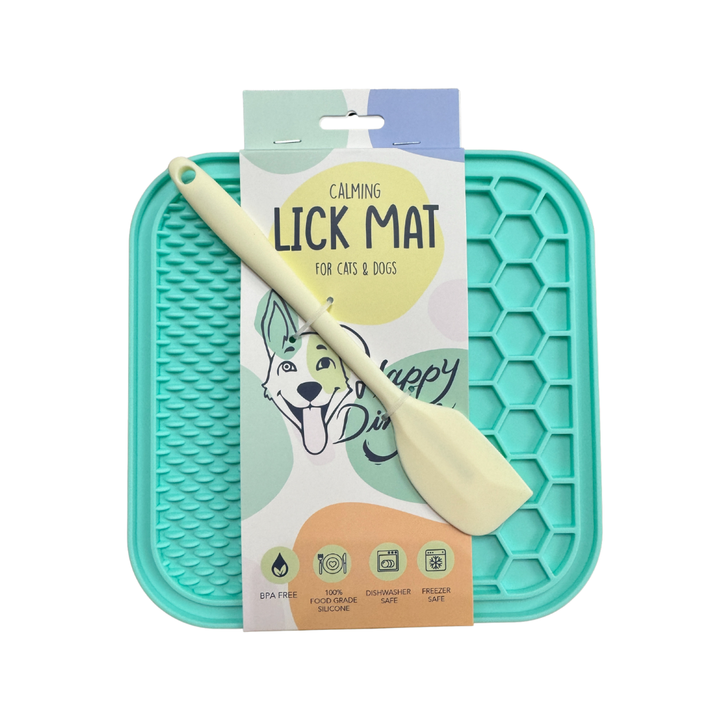 Seafoam green Calming Lick Mat for pets with retail packaging, BPA-free silicone enrichment mat shown on white background.