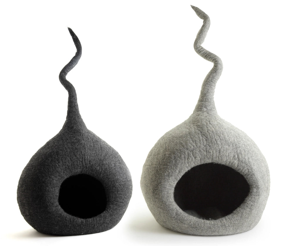 Two handmade wool cat caves by CBC Pet, one grey and one white, eco-friendly cat beds