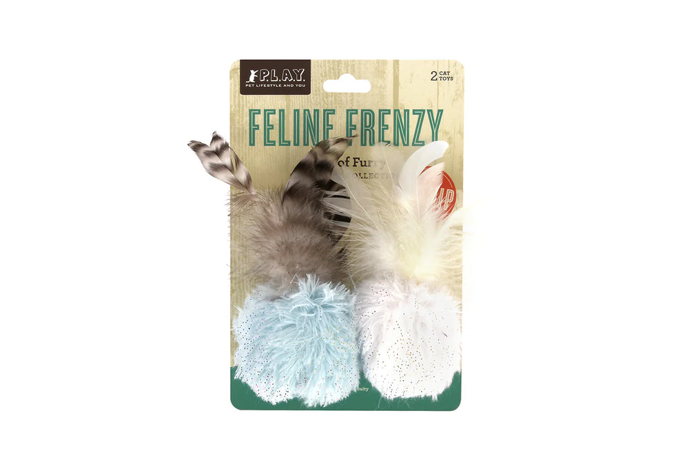 Feline Frenzy Balls of Furry cat toy set in packaging – 2 plush balls with feathers and catnip