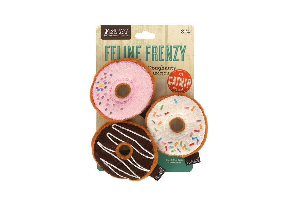 Feline Frenzy Kitty Kreme Donuts cat toy set in packaging – 3 plush donuts with catnip and crinkle