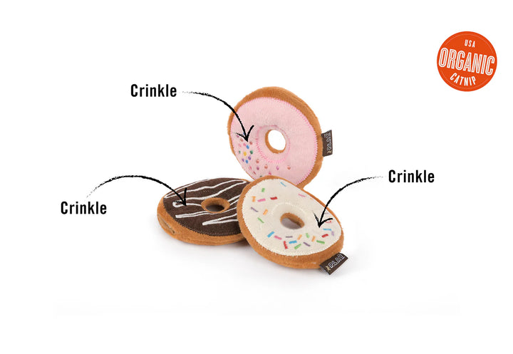 Plush donut cat toys with arrow showing crinkle sound feature