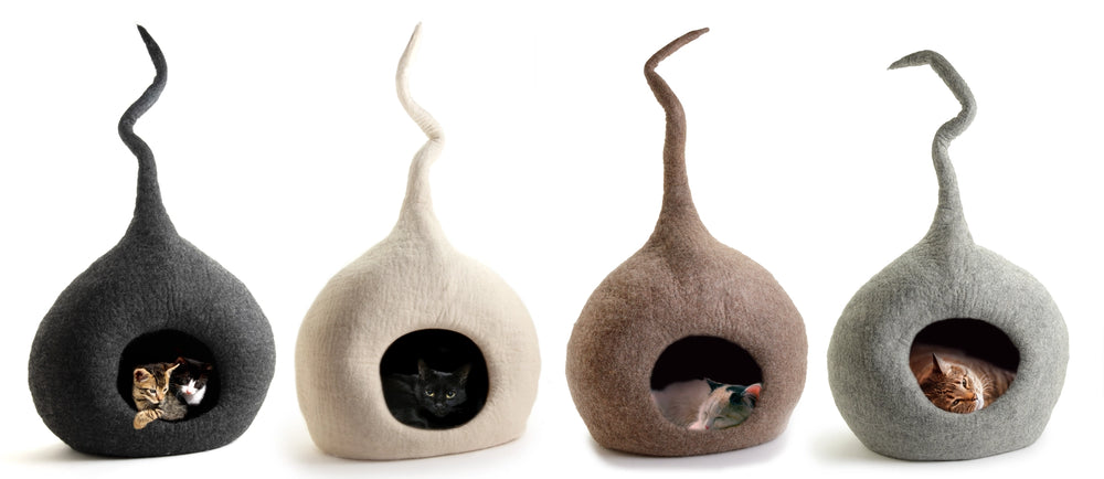 Four wool cat caves with cats inside, shown in light grey, brown, white, and dark grey, handmade eco-friendly cat beds