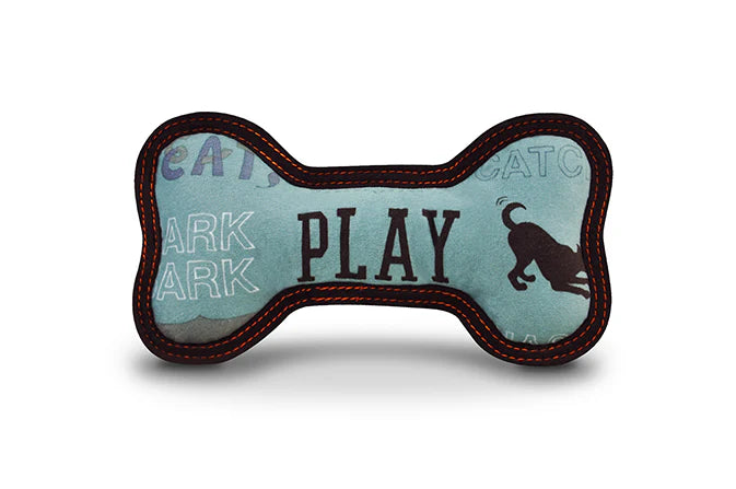 Blue ECO P.L.A.Y. Bone squeaky dog toy made from recycled materials, eco-friendly pet supplies