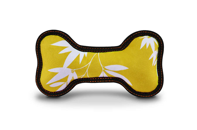 Yellow ECO P.L.A.Y. Bone squeaky dog toy made from recycled materials, eco-friendly pet supplies