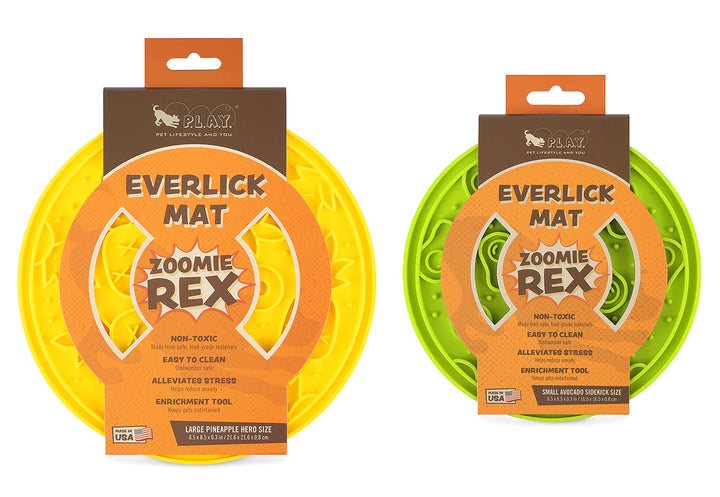 Yellow and green ZoomieRex EverLick Mats with covers side by side on white background, Pet P.L.A.Y. lick mats for dogs and cats