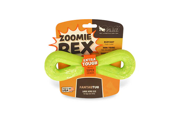Green ZoomieRex FantasTug dog toy in packaging – durable tug and fetch toy