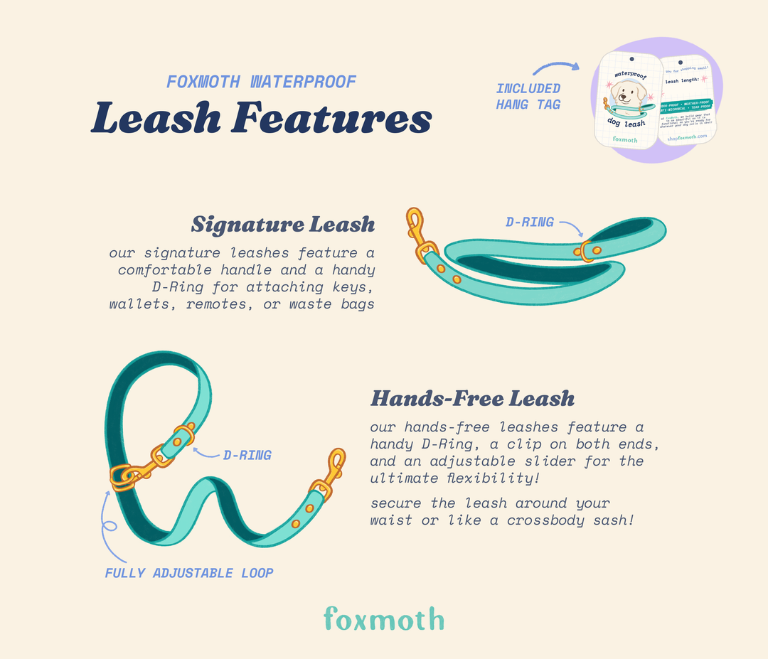 Poster showing FoxMoth’s waterproof Biothane dog leashes in two styles: 5-foot signature leash and 7-foot hands-free leash, with solid brass hardware.
