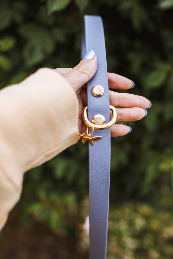 Person holding up a lavender waterproof Biothane signature dog leash with solid brass hardware.