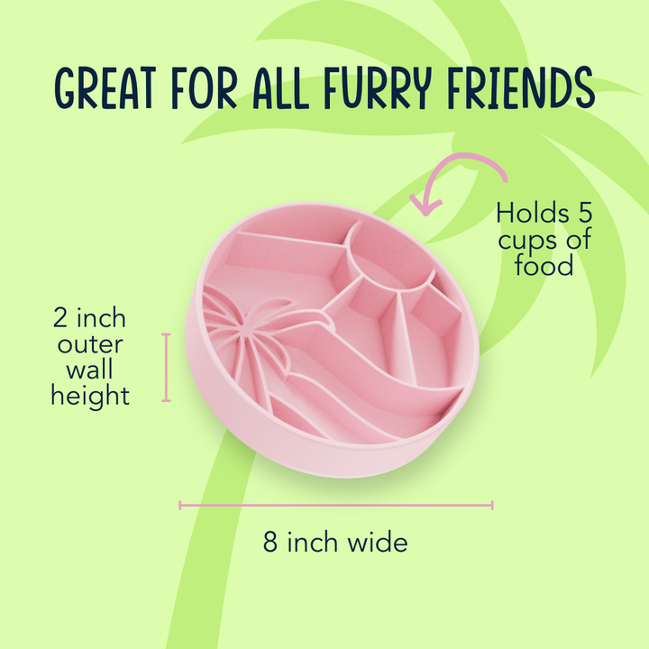 Poster of the Rose Loco Coco Interactive Slow Feeder Dog Bowl on a green background with product dimensions displayed.