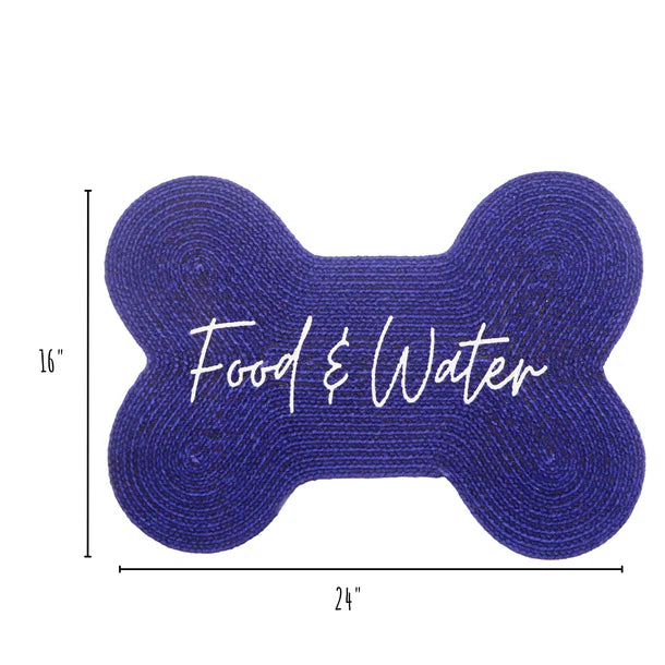 Blue Benedict Pet Placemat with dimensions displayed – organic cotton bone-shaped feeding mat