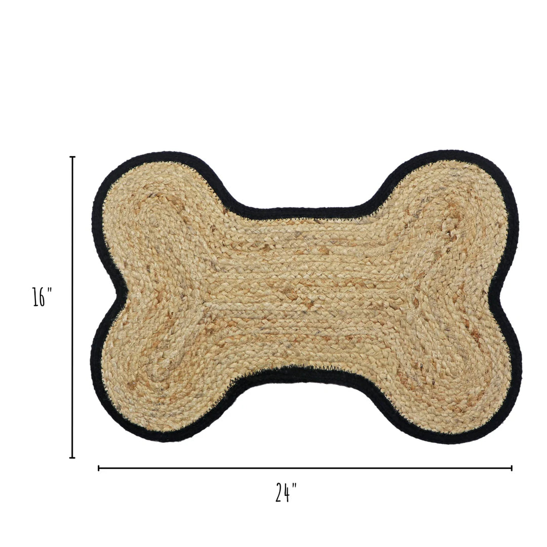 Loxley Pet Placemat – eco-friendly jute bone-shaped feeding mat with dimensions displayed