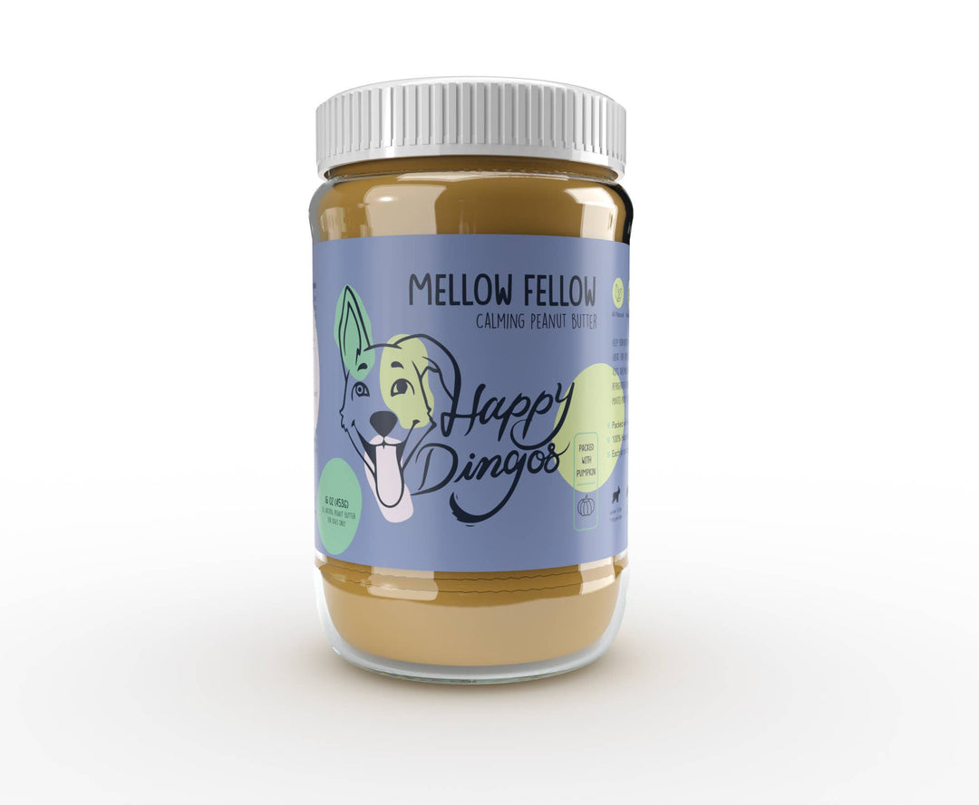 Mellow Fellow Calming Peanut Butter for dogs, 16oz jar, all-natural stress relief spread made in the USA.