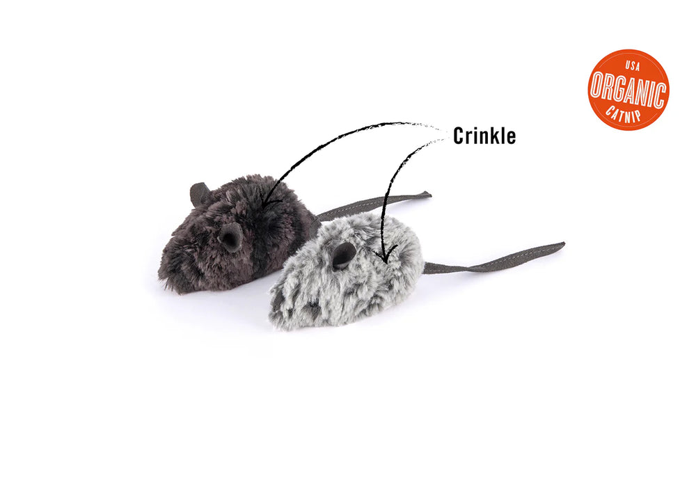 Plush mouse cat toys with arrow showing crinkle feature and organic catnip label