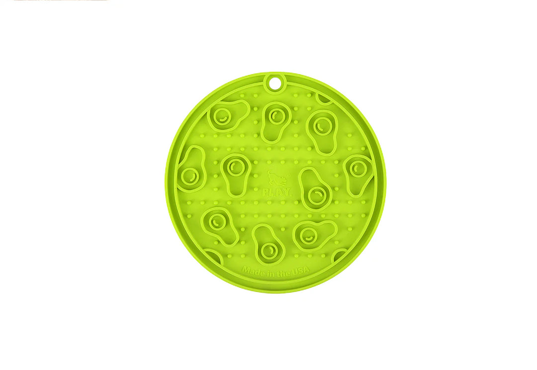 Green ZoomieRex EverLick Mat by Pet P.L.A.Y. on white background, eco-friendly lick mat for dogs and cats