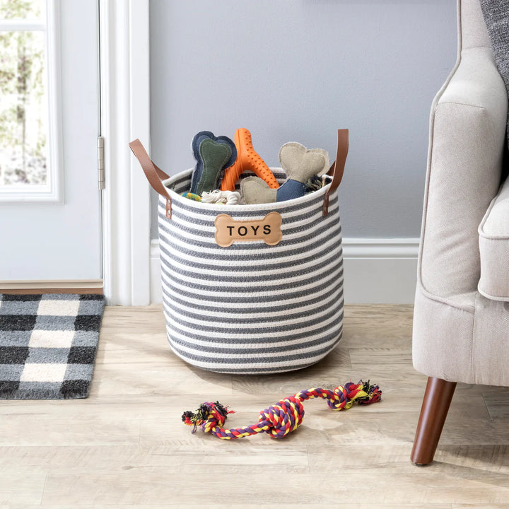 Sienna Toy Basket filled with dog toys in living room – organic cotton rope storage bin for pets
