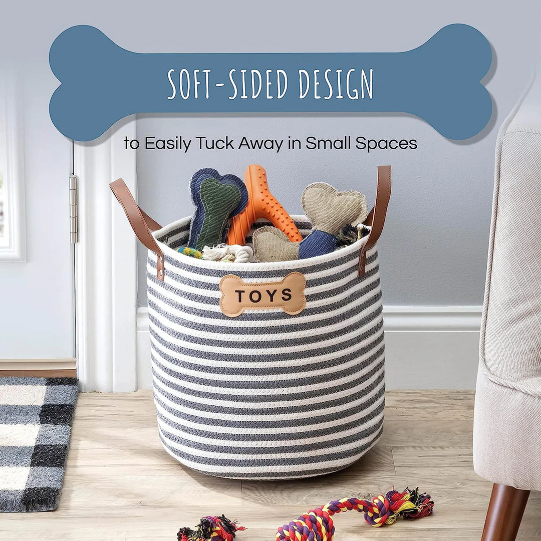 Sienna Toy Basket in living room filled with dog toys with text highlighting soft-sided collapsible design