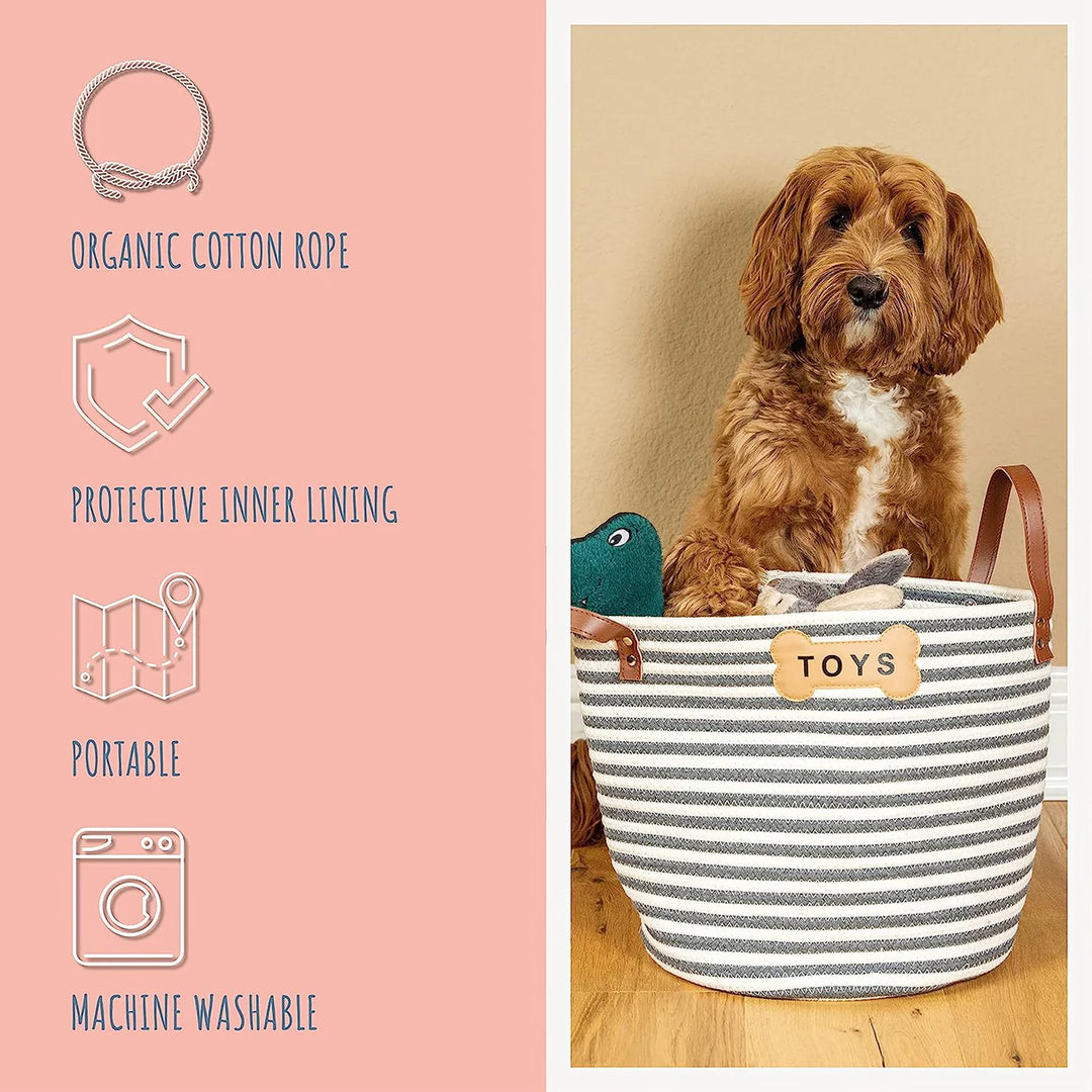 Dog next to Sienna Toy Basket with text highlighting organic cotton rope and collapsible storage design