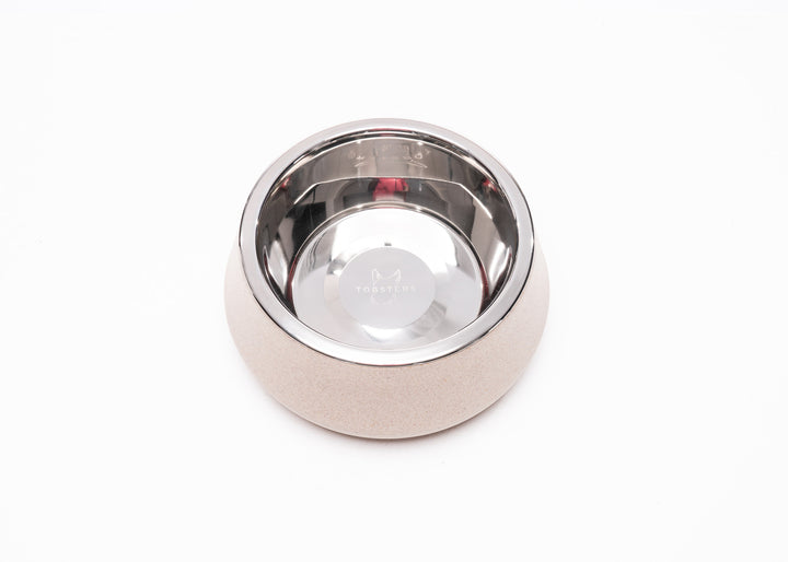 Top view of Slate Bamboo Pet Bowl in beige with stainless steel insert
