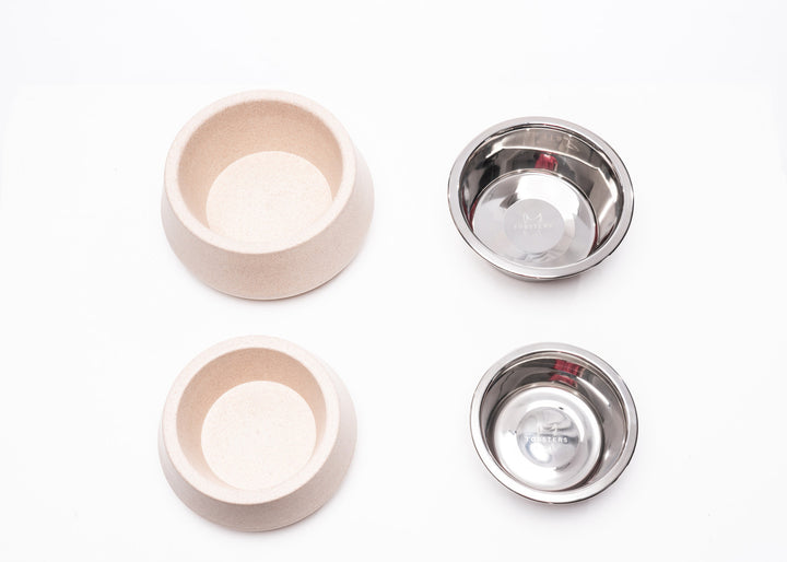 Biege Slate Bamboo Pet Bowl with stainless steel insert separated from bamboo base