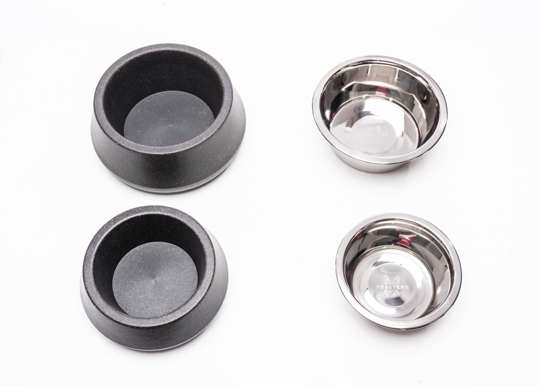 Black Slate Bamboo Pet Bowl with stainless steel insert separated from bamboo base