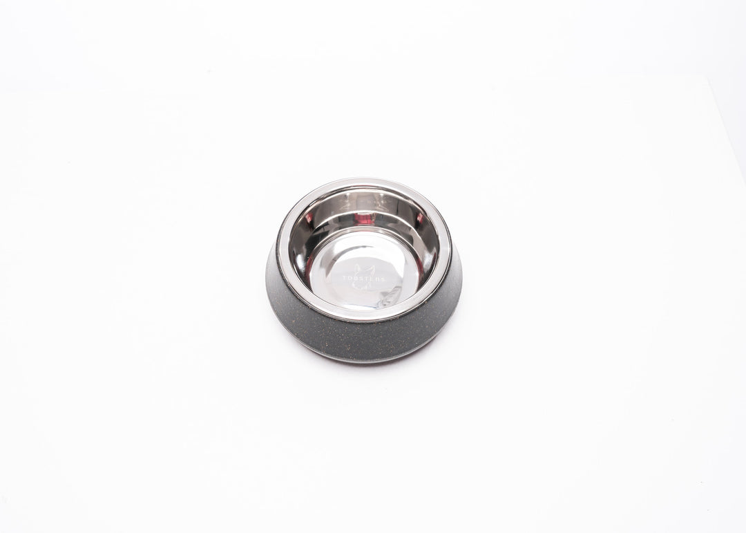 Top view of Slate Bamboo Pet Bowl in black with stainless steel insert