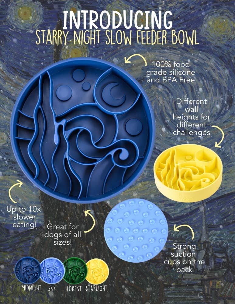 Poster featuring all Starry Night Slow Feeder Bowl colors — Sky blue, Starlight yellow, and Midnight dark blue — with product highlights showing BPA-free silicone, suction base, and dishwasher safe design.