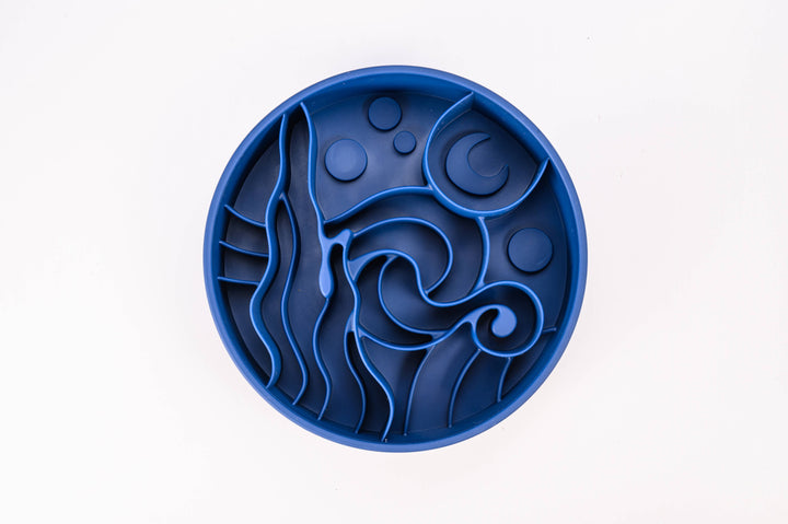 Midnight dark blue Starry Night Slow Feeder Dog Bowl made from BPA-free silicone with suction cups