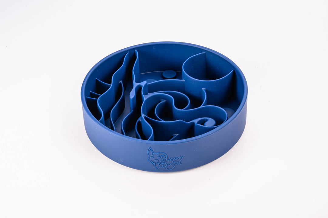 Side view of the Midnight dark blue Starry Night Slow Feeder Dog Bowl on a white background, BPA-free silicone with suction cups.