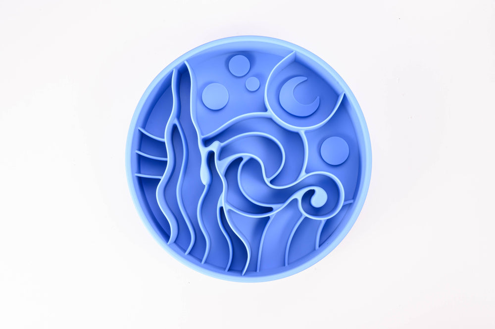 Sky blue Starry Night Slow Feeder Dog Bowl made from BPA-free silicone with suction cups