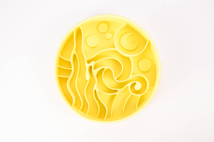 Starlight yellow Starry Night Slow Feeder Dog Bowl made from BPA-free silicone with suction cups