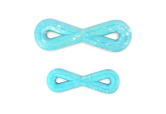 Blue ZoomieRex FantasTug dog toy in small and large sizes on white background