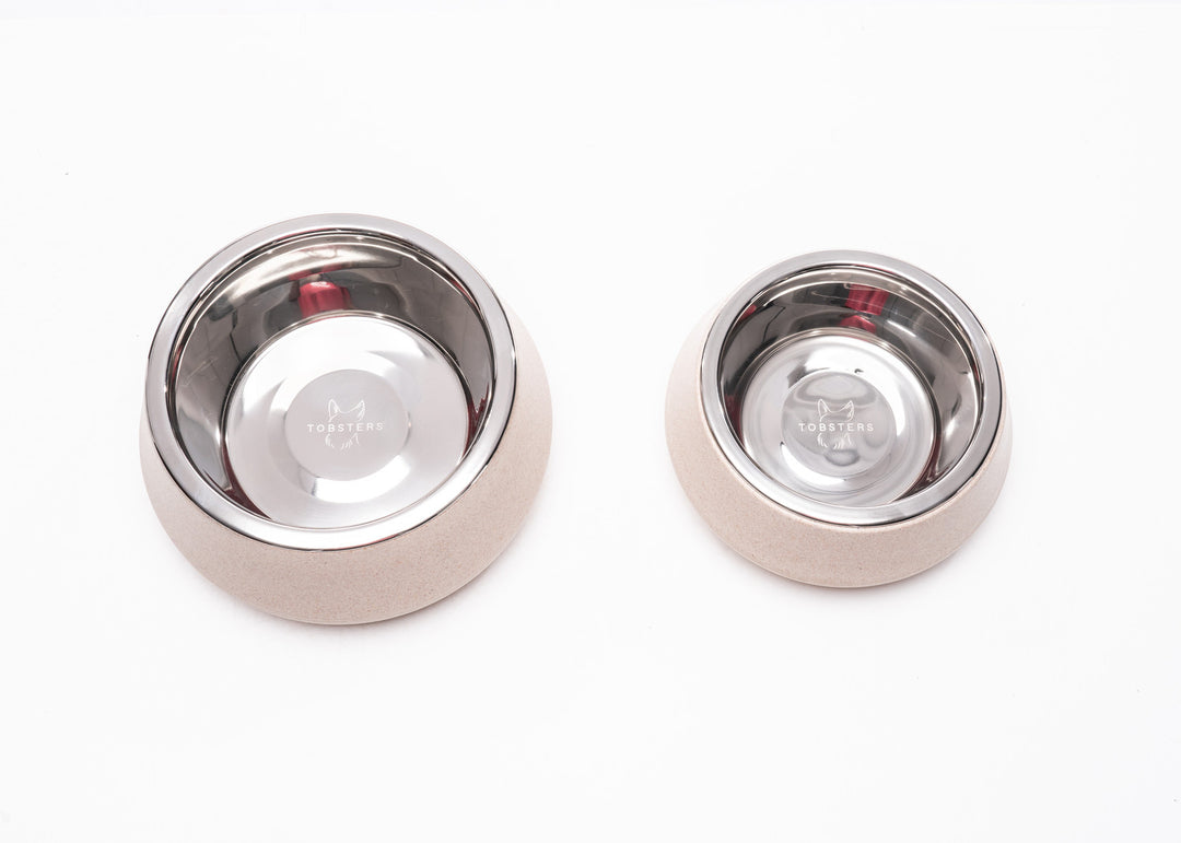 Slate Bamboo Pet Bowls in beige – small and large sizes with stainless steel inserts on white background