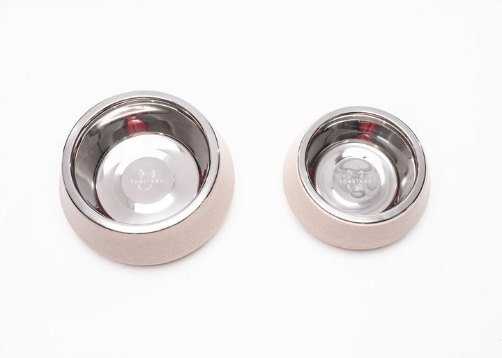 Slate Bamboo Pet Bowls in beige – small and large sizes with stainless steel inserts on white background