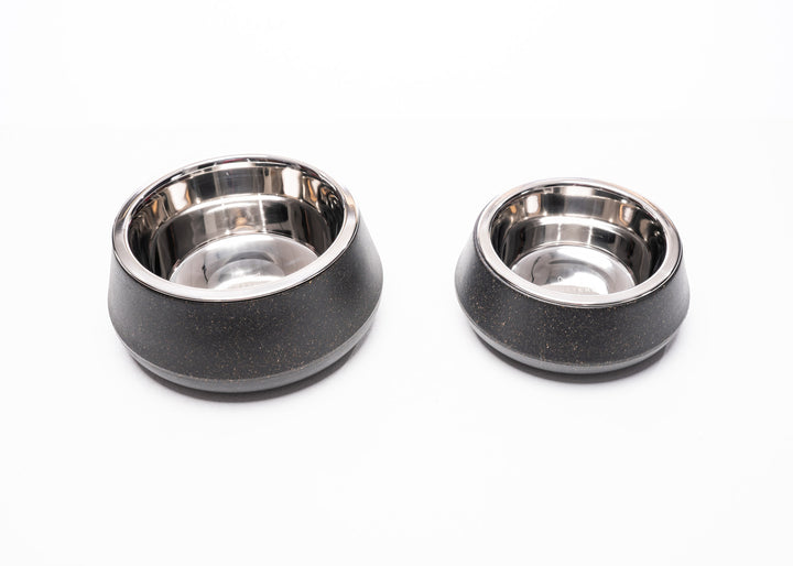 Slate Bamboo Pet Bowls in black – small and large sizes with stainless steel inserts on white background
