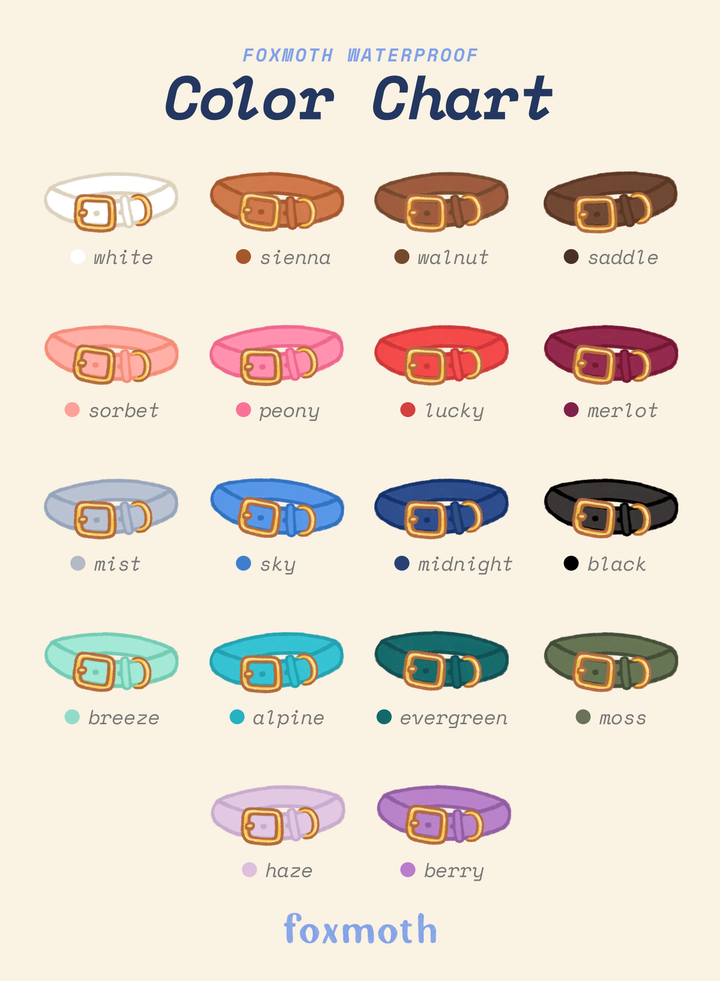 Poster showing all available waterproof dog collar colors in the collection, displayed as a color chart with Biothane strap samples.