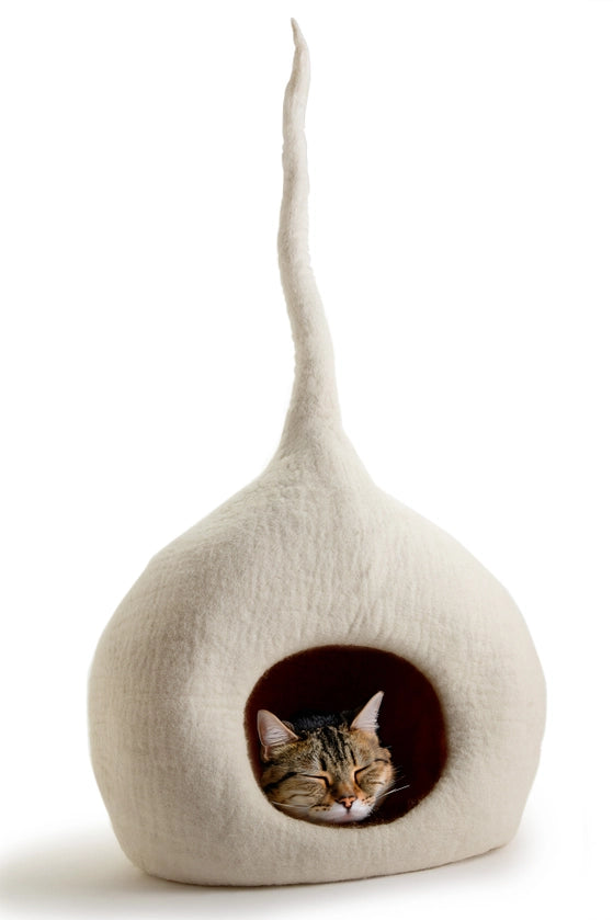 Cat peeking out from a textured, beige cat house on a white background