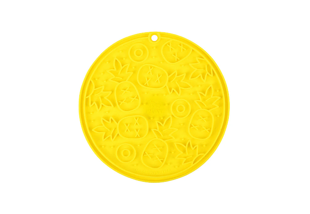Yellow ZoomieRex EverLick Mat by Pet P.L.A.Y. on white background, durable lick mat for dogs and cats