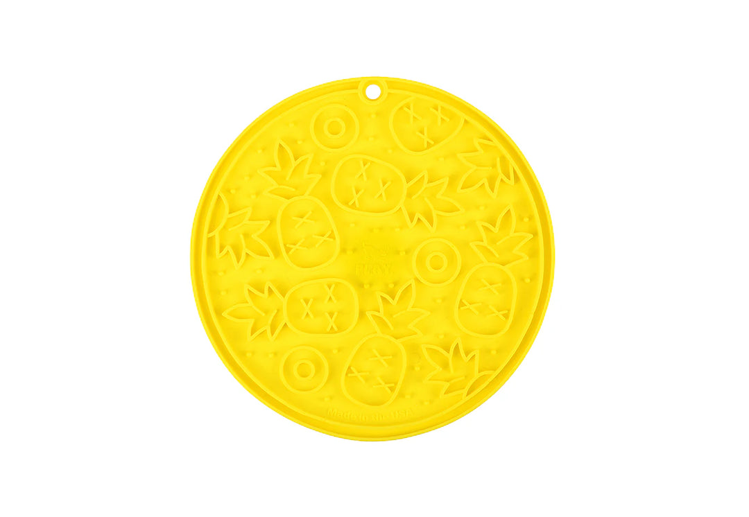 Yellow ZoomieRex EverLick Mat by Pet P.L.A.Y. on white background, durable lick mat for dogs and cats