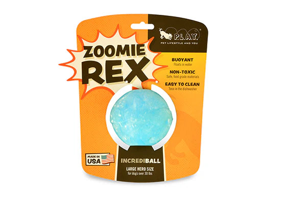 Blue ZoomieRex IncrediBall dog toy in packaging – durable bouncy and floatable ball