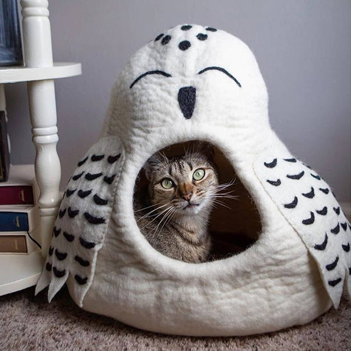 White Owl cat cave with cat inside 