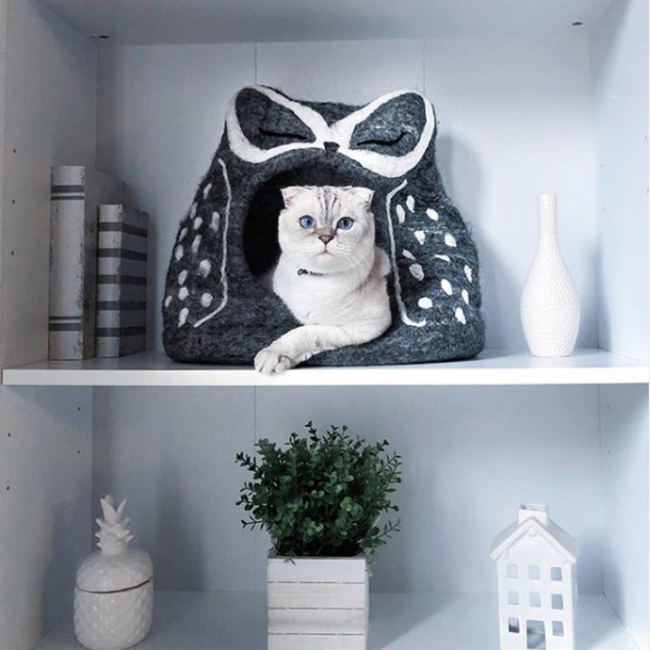 Grey Owl Cat Cave with white cat inside on a book shelf